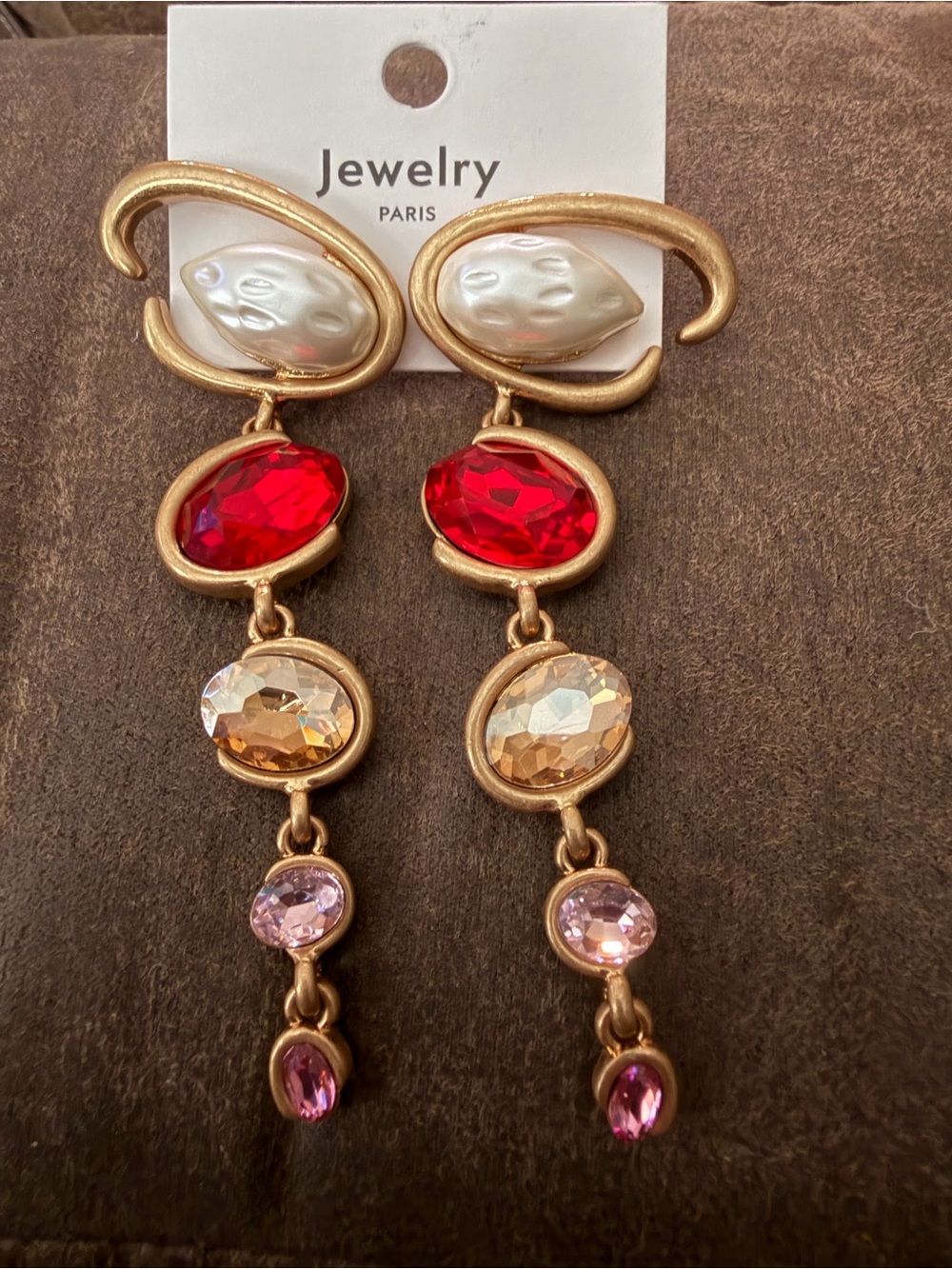 Aris Gold-Tone Multi-Stone Drop Earrings - Red, Champagne, Pink, White